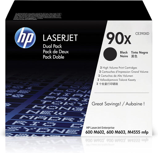 HP 90X (CE390XD) Black High Yield Original LaserJet Toner Cartridges, 2 Pack